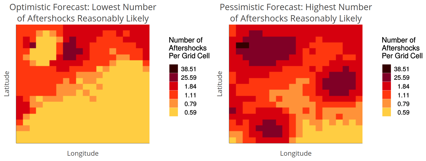 Figure. Bounds uncertainty visualization: lower- and upper-bound maps of a 95% confidence interval around the most likely forecasted aftershock rate. The forecast uncertainty at each location can be inferred through its difference in colors between the maps.